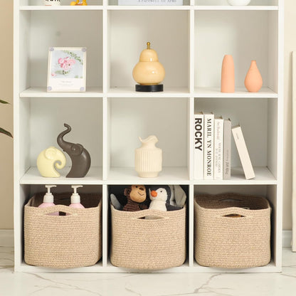 Large Storage Baskets for Organizing Shelves, Woven Cotton Rope Bins for Baby Nursery Organization, Book Toy Towel Organizer, 17"x13"x9.5", 3 Packs, Brown
