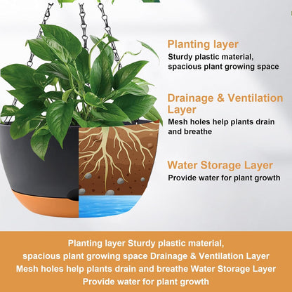 4 Pack Plastic Hanging pots for Plants Indoor,8 Inch Plant Pot Indoor Outdoor Hanging Baskets,Hanging Flower Pots with Drainage Holes and Chain for Garden Porch Plants(Black)