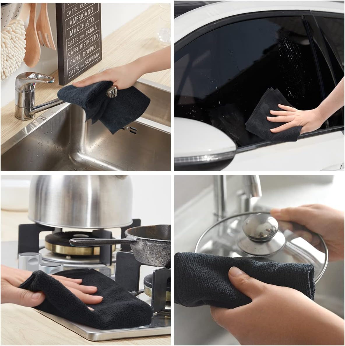 KinHwa Microfiber Dish Cloths for Washing Dishes Ultra Absorbent Dish Rags Fast Drying Kitchen Wash Clothes 12inch x 12inch 10 Pack Black