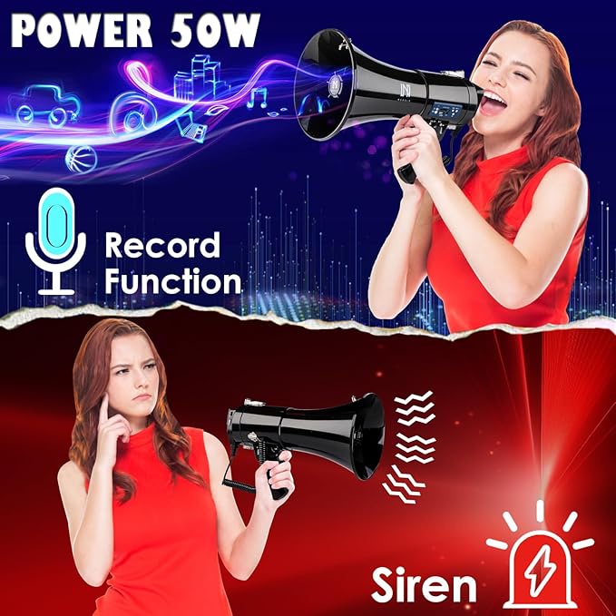 50w Rechargeable Megaphone Bullhorn | Loud Speaker Supports Bluetooth, USB, SD, AUX Input | Built-in Siren and Recording | Slim Size for Police, Outdoor, and Cheerleading (Black)