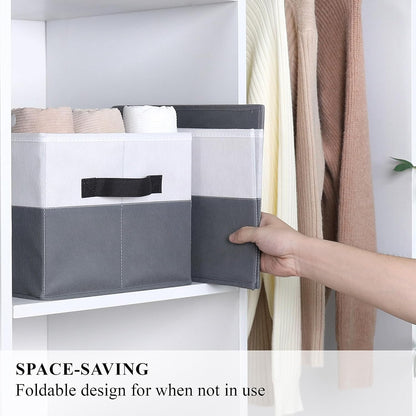 WUIKE Storage Baskets for Shelves, Fabric Closet Storage Bins with Handles, Foldable Clothes Organizer Bins for Bedroom, Nusery, Gray & White, Large, 3-Pack