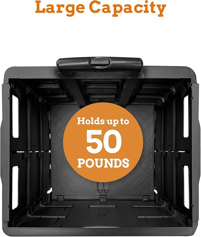 Inspired Living Ultra-Slim Rolling Collapsible Storage Pack-N-Roll Utility-carts, with Telescopic Handle, for Home, Garden, Shopping, Office, School use, Medium, Black