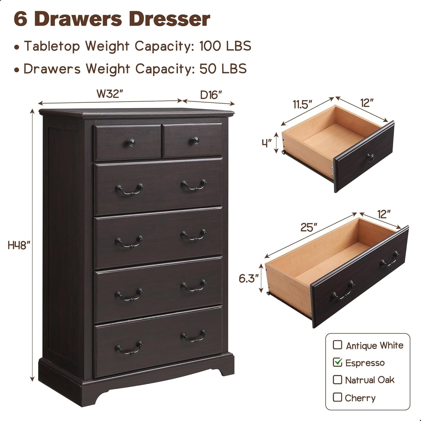T4TREAM 6 Drawers Dresser Chests for Bedroom, 48" Tall Rustic Chset of Drawers, Wood Dressers Organizer for Bedroom, Living Room,Hallway, Espresso