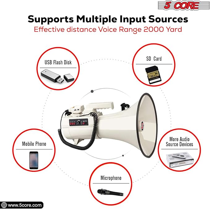 5 CORE Megaphone 100W Bull Horn Professional PA Speaker w 2000 Yards Long Range Loud Siren Voice Amplifier USB/SD/3.5mm Aux Portable Megafono for Emergency Outdoor Sports and Coaches - 4501 USB