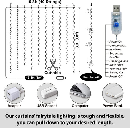 HXWEIYE 2 Pack Warm White 300LED Curtain Fairy Lights, 9.8x9.8Ft Led String Light with Rotating Clips & 12 Hooks, Timer & 8 Modes USB Plug-in DIY Decorative Light for Bedroom Indoor Outdoor Wedding