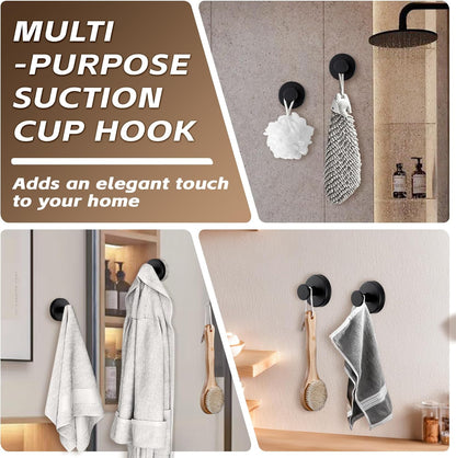 Reusable Heavy Duty Suction Cup Hooks for Kitchen/Bathroom/Shower - Wet-Proof Hooks for Towels, Robes, Loofah&Wreaths/No Drill Mounting on Glass, Tile, Metal (4, Matte Black)