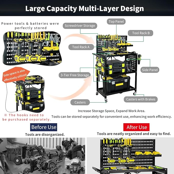 Lumizone Foldable Tool Cart with Wheels Rolling Utility Service Cart with Pegboard for Power Tool Organization Garage Organizer Storage on Wheels Heavy Duty Folding Design (Tool Cart)