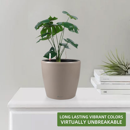 Dexceder 9x8 Inches Self Watering Planter Indoor Outdoor, Inner Pot Design, Thickened Table Flower Plant Pot with Water Level Indicator (Taupe Matte)