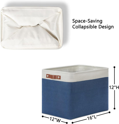 DULLEMELO Large Rectangular Baskets for Storage 16"x12"x12" [2 Pack] Collapsible Storage Baskets for Organizing Closet, Clothes, Toys (White & Blue)
