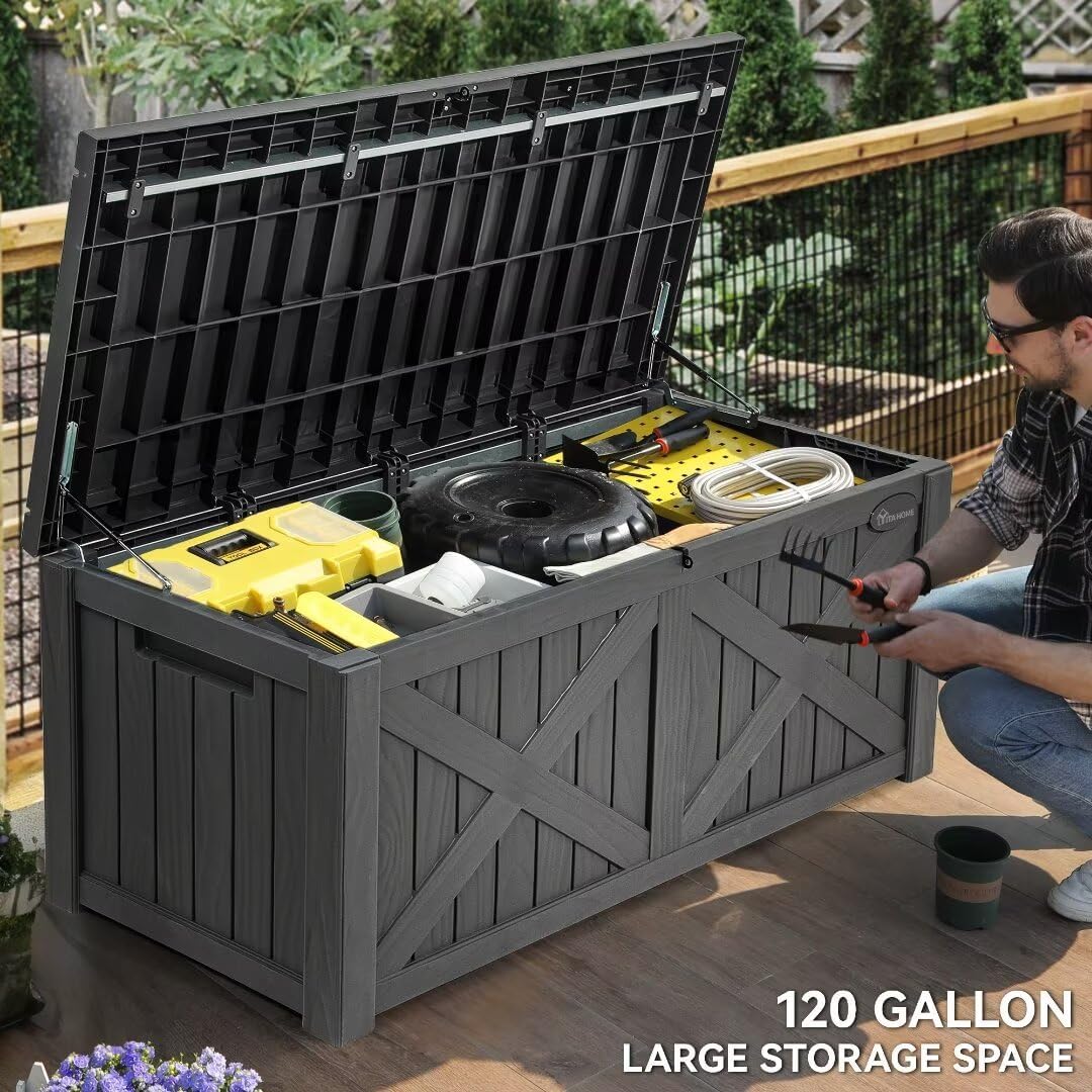 YITAHOME 120 Gallon Large Outdoor Storage Box with X-Shaped Front, Waterproof Resin Deck Box Cushion Storage Bench for Patio, Pool Supplies, Garden Tools - Lockable, Dark Gray