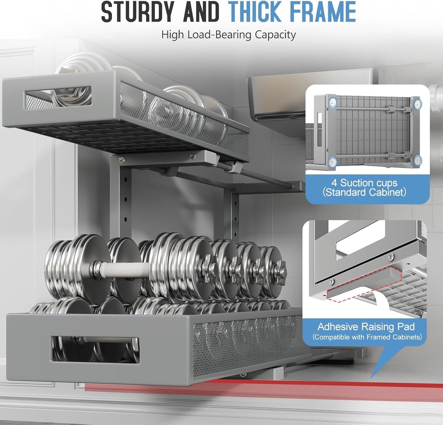 1 Pack 17IN Depth Under Sink Storage Organizer, Large 2-Tier Elegant Mesh Pull Out Shelf for Kitchen and Bathroom Cabinet Organization, L-Shaped and Adjustable Height Design-Gun Gray