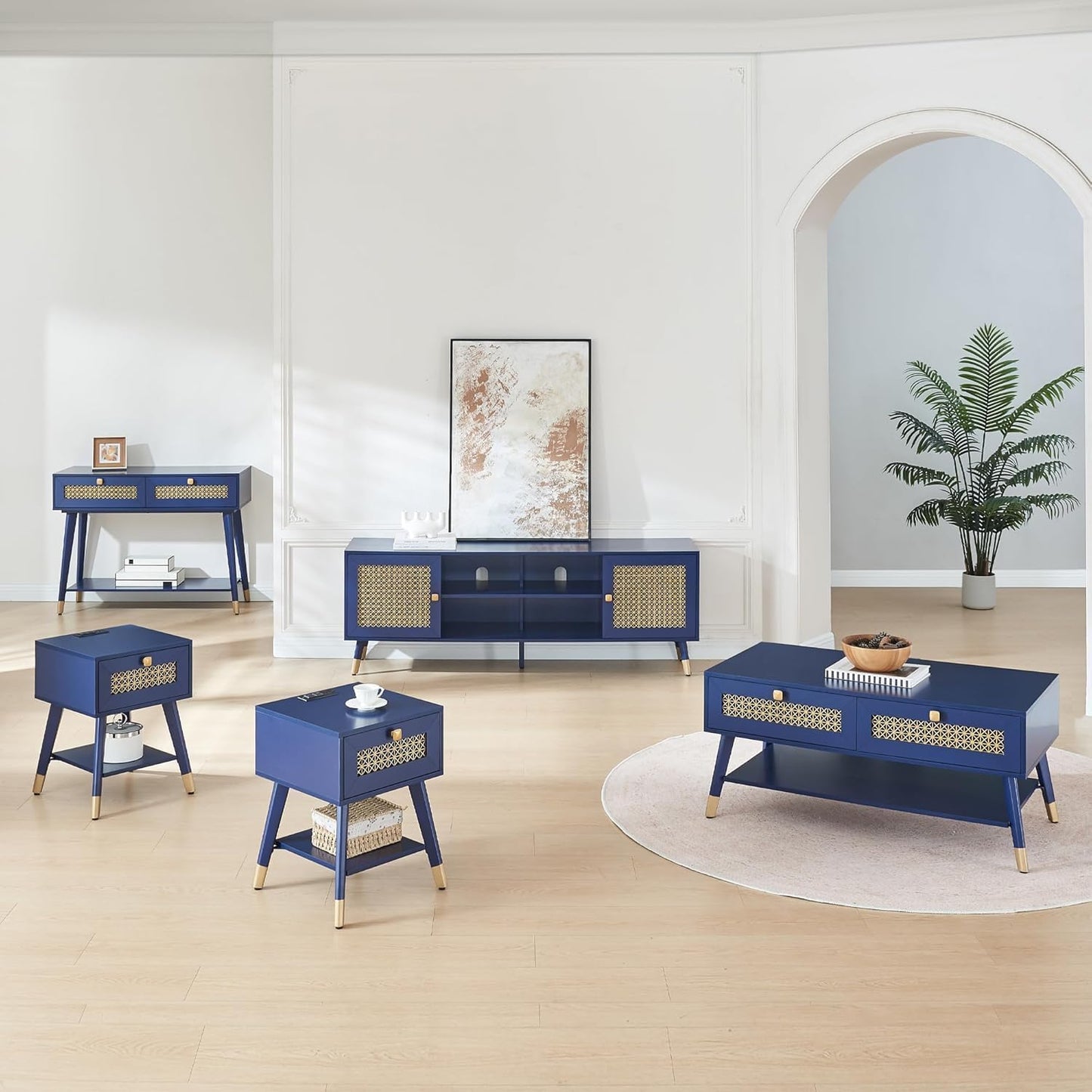 Mid Century Modern Entertainment Center, Blue TV Stand for TVs up to 75", Boho Tv Furnitures with Storage Cabinet and Shelves, Tv Console Media Center with Gold Metal Mesh Doors for Living Room