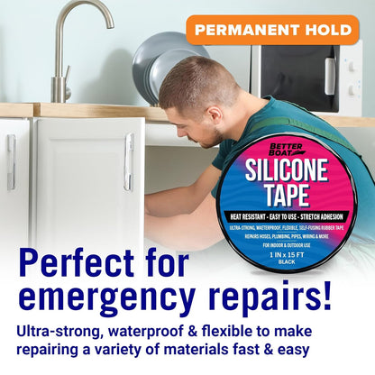 Black Heavy Duty Silicone Tape, Self-Fusing Rubber Hose and Plumbing Water Pipe Repair Seal, Coax Electrical or Waterproof Tape for Leaks, 15ft