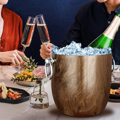 Ice Bucket with Lid, Scoop, Tongs and Strainer - Well Made Insulated Stainless Steel Keep Ice Frozen Longer - Ideal for Cocktail Bar, Parties, Chilling Wine, Champagne - 3 Liter (Teakwood)