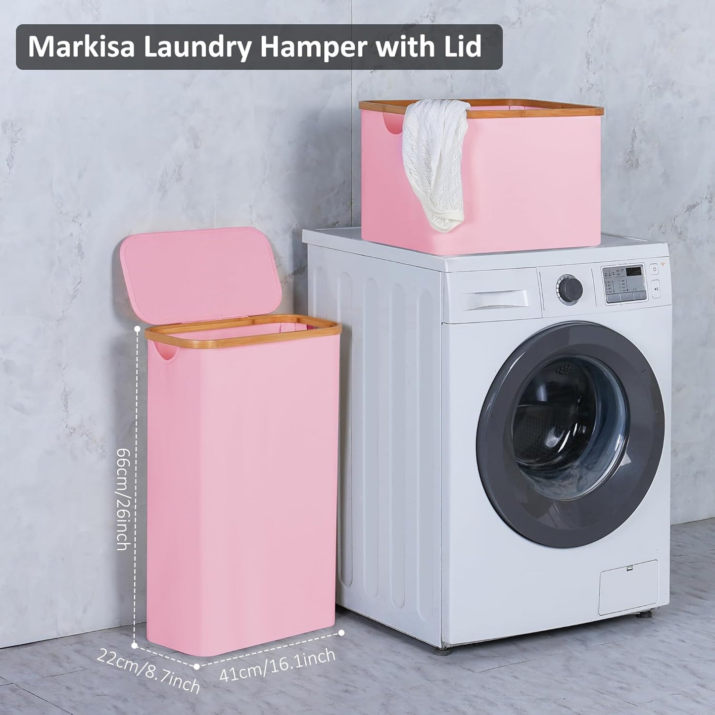 Slim Laundry Basket,60L Laundry Hamper with Lid, Tall Hamper for Laundry,Dirty Cloth Hamper with Bamboo Handle for Toys,Towels, Clothes Organizing,Pink