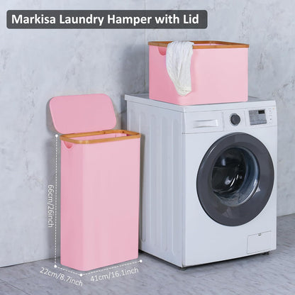 Slim Laundry Basket,60L Laundry Hamper with Lid, Tall Hamper for Laundry,Dirty Cloth Hamper with Bamboo Handle for Toys,Towels, Clothes Organizing,Pink