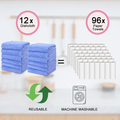 kimteny Kitchen Cloth Dish Towels, 13x28 Inches Premium Dishcloths, Super Absorbent Coral Velvet Microfiber Cleaning Cloths, Fast Drying Rags for Washing Dishes (13x28-12 Pack, Blue)