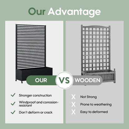 Metal Planter Box with Trellis Privacy Screen, Raised Garden Bed with Trellis & Wheels, Privacy Planters for Patio, Planter Box with Drainage Holes for Climbing Plants, Flower, 73"x 47"x 16", Black