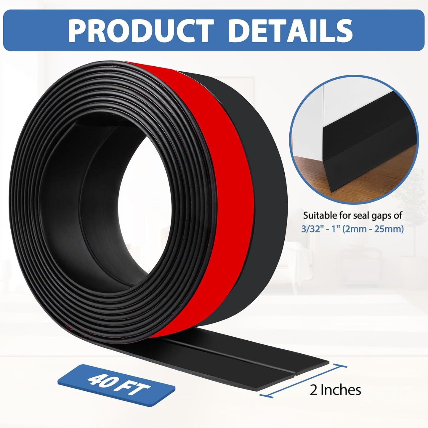 Weather Stripping Door Draft Stopper Flexible Self Adhesive Silicone Door Seal Strip for Glass Doors Windows and Shower Glass Gaps, 2 Inch Wide X 40 Feet Long, Black