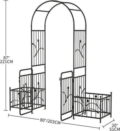YITAHOME 87" H Metal Garden Arbor with Gate & Planter Boxes, Black Archway for Weddings Ceremonies, Garden Arch Outdoor for Roses & Climbing Plants on Patio, Lawn & Backyard