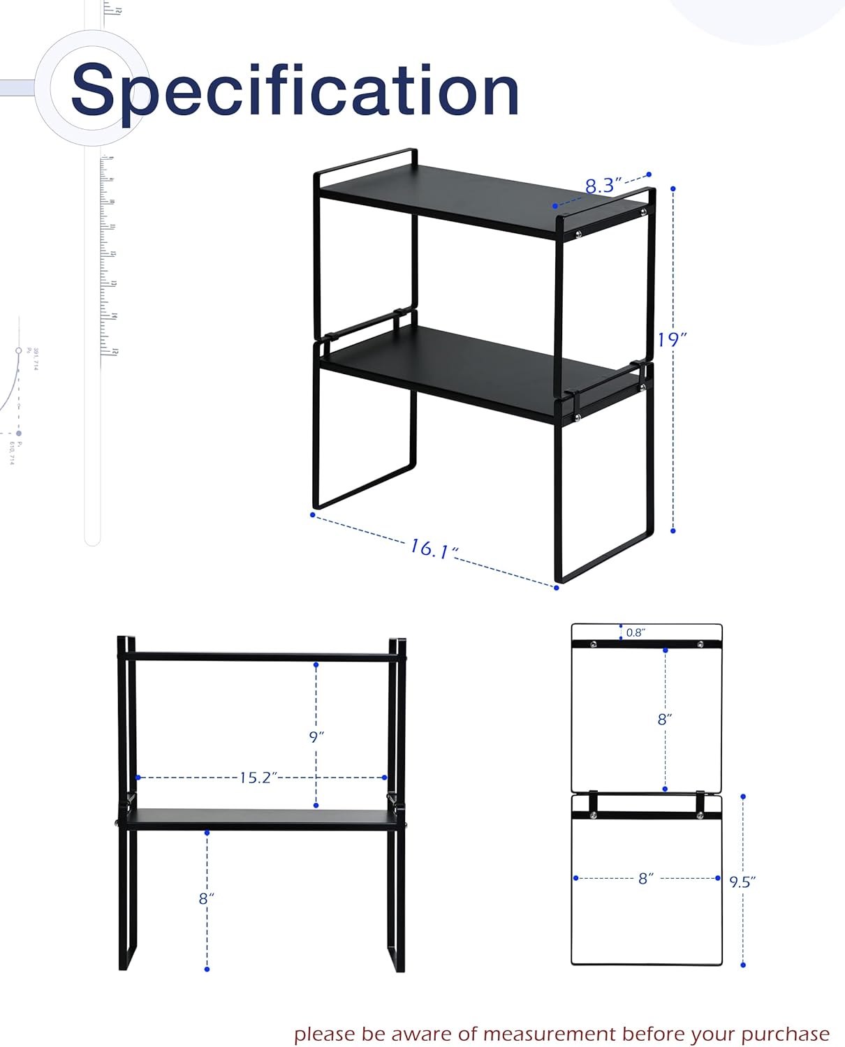 Nxconsu 2Pack Cabinet Shelves Stackable Organizer Rack Riser for Kitchen Cabinet Pantry Cupboard Counter Countertop Home Organization Storage Space Saver Heavy Duty Metal Nonslip Black Tall