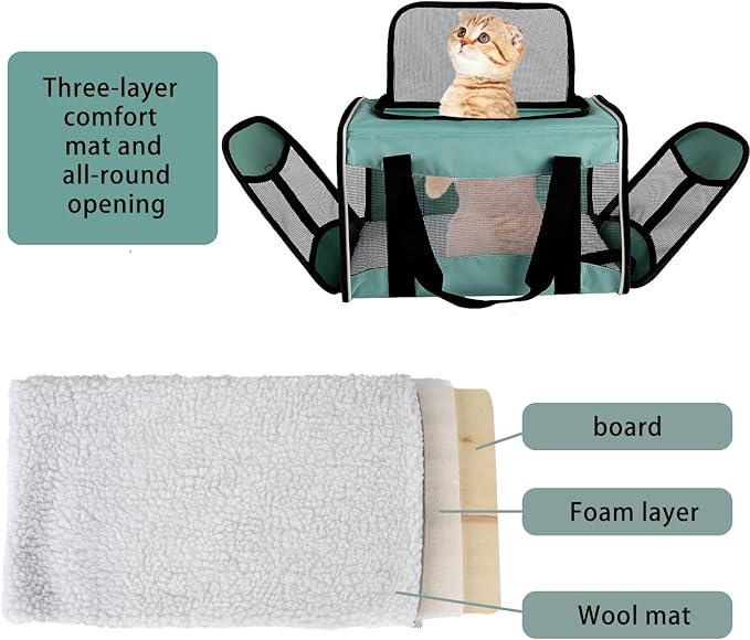 Cat Carrying Case Pet Dog Carrier Soft-Sided Cat Bag Airline Approved, Pet Travel Carrier Up to 15 Lbs, Collapsible Cats Carrier Dog Carrier for Medium Small Cats Dogs(17x11x11 Green)