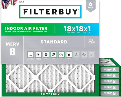 Filterbuy 18x18x1 Air Filter MERV 8 (MPR 700) Dust Defense Replacement (6-Pack), Electrostatic Pleated HVAC AC Furnace Filters, Made in USA (Actual Size: 17.75 x 17.75 x 0.75)