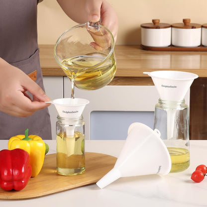 Plastic Kitchen Funnel Set of 3, Round Kitchen Funnels for Filling Bottles, Durable and Multifunctional Funnels for Filling Canning, Cooking, Lab or Car Oil (White)