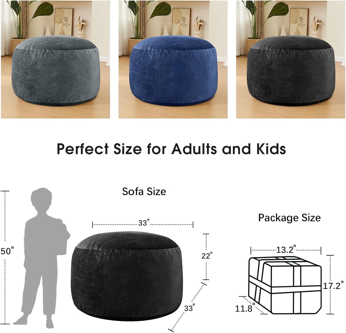 Bean Bag Chairs for Adults - Memory Foam Furniture BeanBag Chair - Kids/Teens Sofa with Soft Micro Fiber Cover - Round Fluffy Couch for Living Room Bedroom College Dorm - Carbon Black