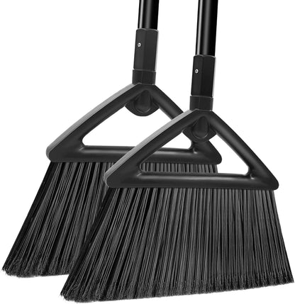 Heavy Duty Broom Outdoor and Indoor, 2 Pack Commercial Angle Brooms with Longer Handle, Perfect Black Broom for Garage, Kitchen, Courtyard, Restaurant