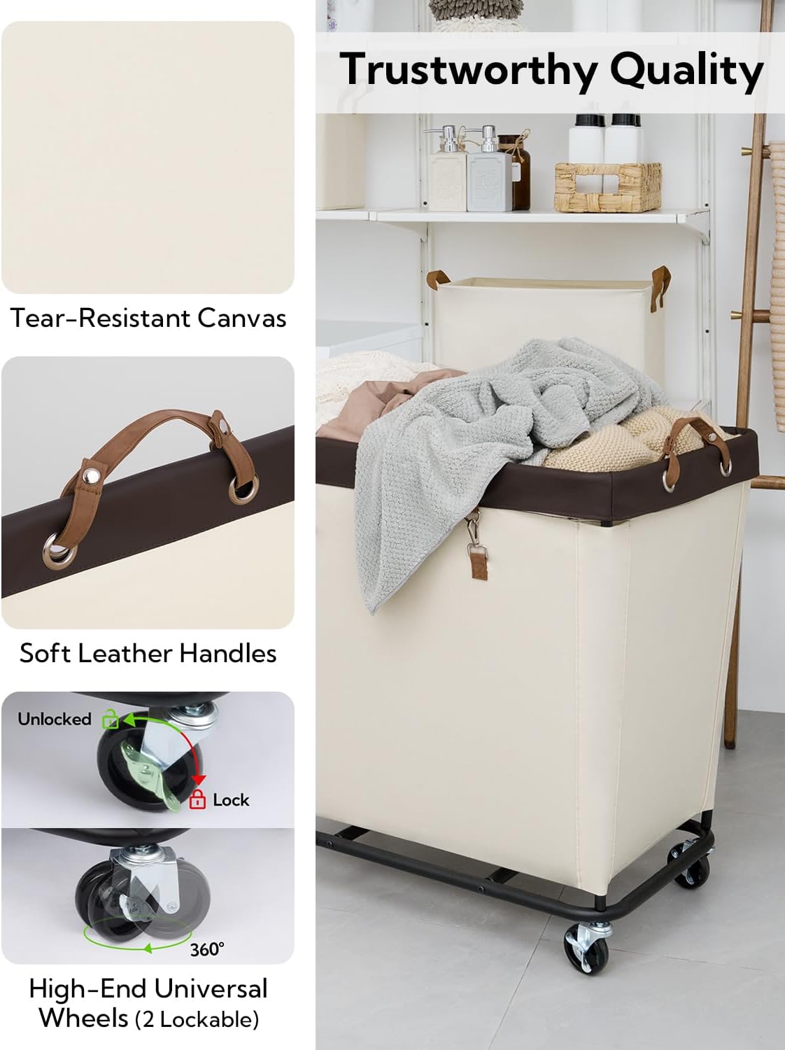 StorageWorks 320L Laundry Basket with Wheels, Extra Large Rolling Hampers for Clothing Organizer, Dirty Clothes Basket for Hotel, Home, Closet, Dorm, Beige