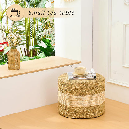 Handwoven Seagrass Ottoman Pouf, Round Outdoor Footstool with Sturdy Frame, No Assembly Needed, Boho Accent Stool for Indoor & Outdoor Use – Patio, Balcony, Living Room (Seagrass White)