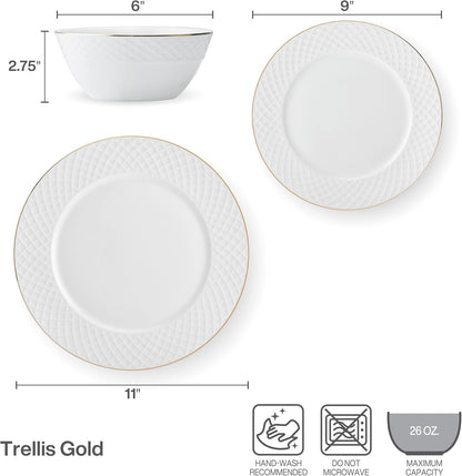 Mikasa Trellis Gold Rim Bone China Lightweight Chip Resistant 12 Piece Dinnerware Set, Service for 4