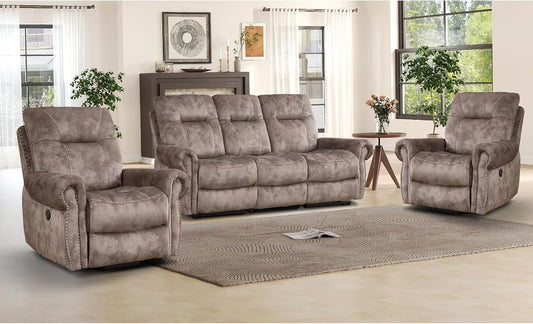 EBELLO 3 Pieces Reclining Couch Furniture Set for Living Room, Double 1 Seat Power Recliner Chair with Massage and Heat, a 3 Seater Manual Sofa, Vintage Rivet Mid-Century Design, Brown