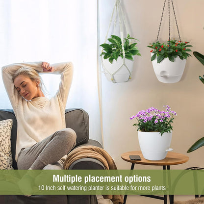 10 inch Self Watering Hanging Planters, 2 Pack Hanging Flower Pots for Indoor Outdoor Plants, Hanging Baskets with Drainage Holes & 2 Kinds of Plant Hangers for Garden Home Decor, White