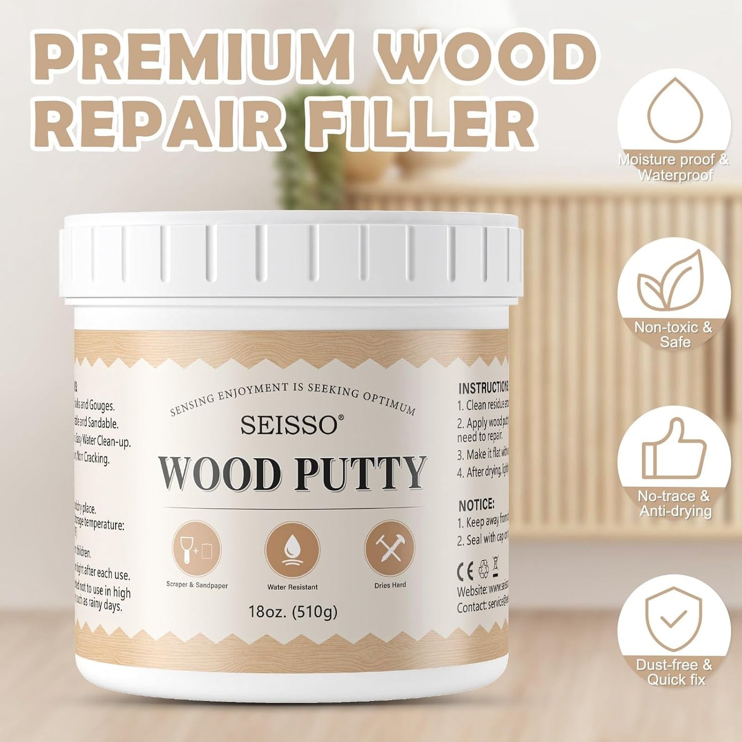 SEISSO Wood Filler & Putty - Waterproof Outdoor Wood Repair Putty, Paintable & Stainable, White Furniture Repair Kit for Wooden Cabinets, Doors, Floors, Tables