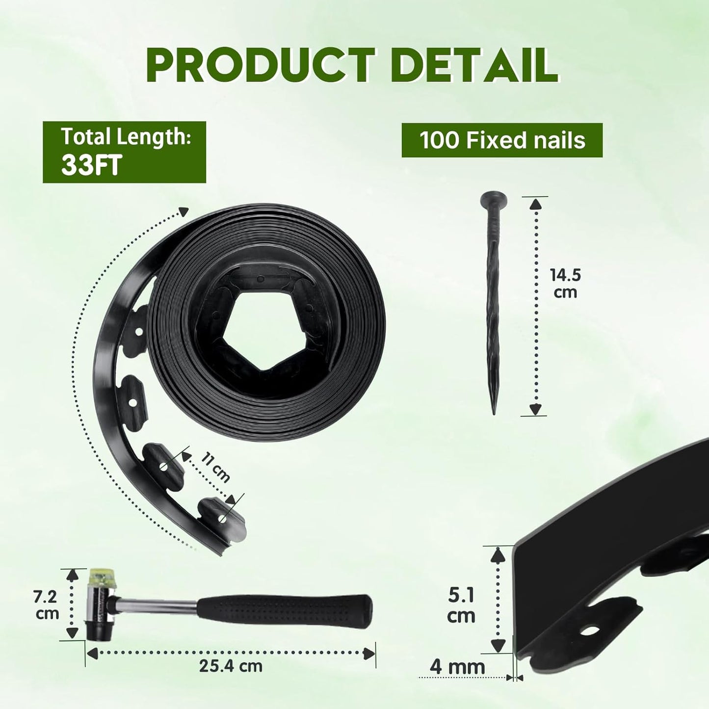 No Dig Landscape Edging 2" x 33FT Kit, Plastic Edging for Landscaping with 100 Spikes, for Garden, Lawn, Flower Beds and Yard, Black