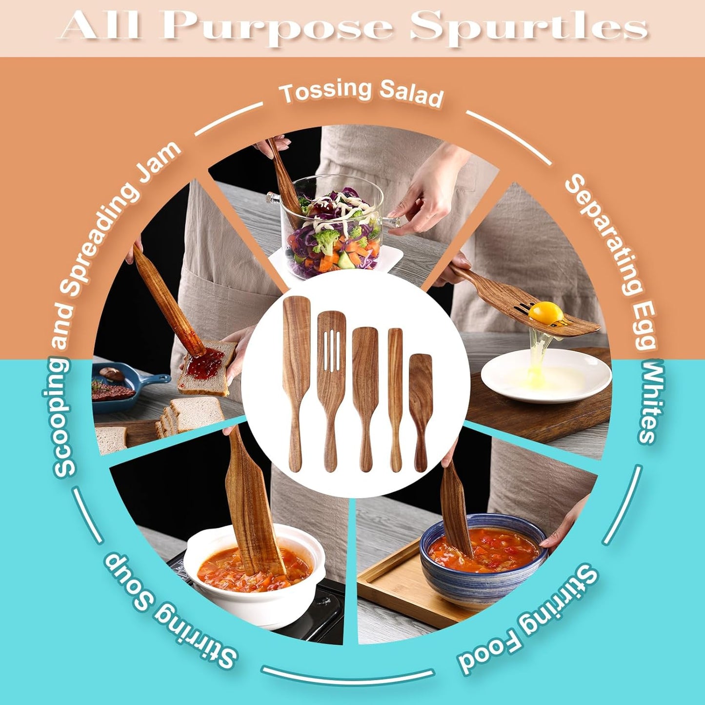 5 Pcs Wooden Spurtle Set, Natural Teak Kitchen Utensil Set Heat Resistant Non-Stick Wooden Spoons Tools for Cooking, Stirring, Mixing, Serving, Spurtles Kitchen Tools As Seen On TV