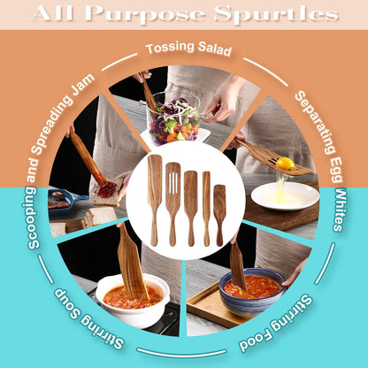 5 Pcs Wooden Spurtle Set, Natural Teak Kitchen Utensil Set Heat Resistant Non-Stick Wooden Spoons Tools for Cooking, Stirring, Mixing, Serving, Spurtles Kitchen Tools As Seen On TV