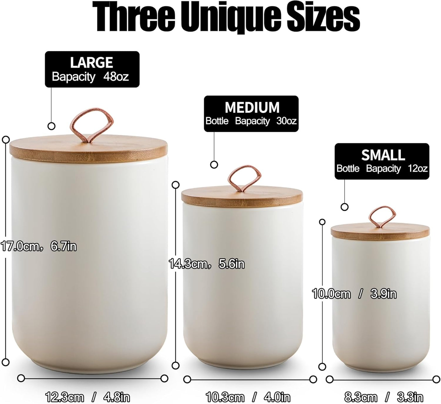 White Ceramic Canister Set with Wooden Lid, 3-Piece Food Storage Jars for Kitchen Counter, Storage Container for Coffee, Tea, Spice, Sugar, Grains, Salt