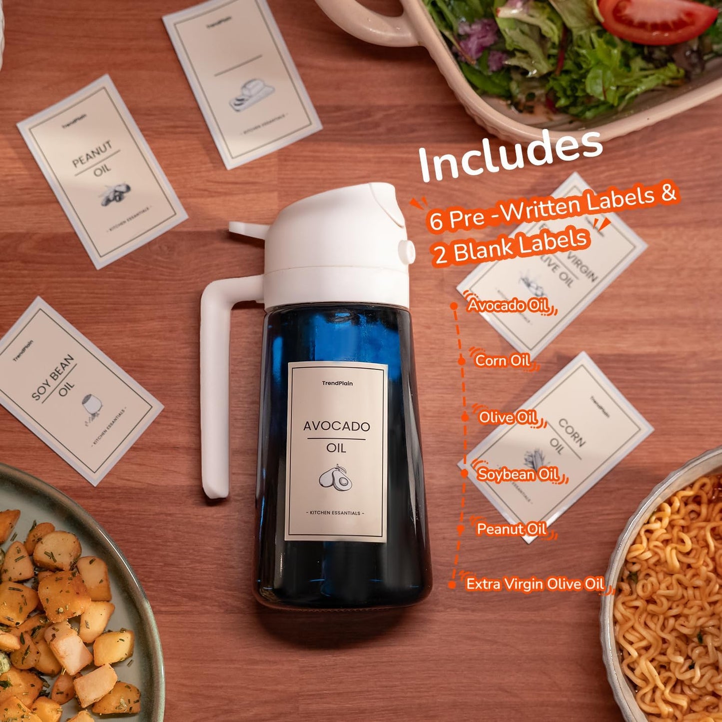 TrendPlain 16oz/470ml Blue Glass Olive Oil Sprayer for Cooking - 2 in 1 Olive Oil Dispenser for Kitchen Gadgets, Air Fryer, Salad, and BBQ - White