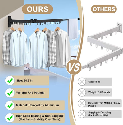 Bakala Clothes Drying Rack Foldable, Laundry Drying Rack Clothing Wall Mounted, Clothing Racks for Hanging Clothes, Heavy-duty Space Saving Hanger,Retractable,Expandable,Collapsible, 64" (Hooks,Black)