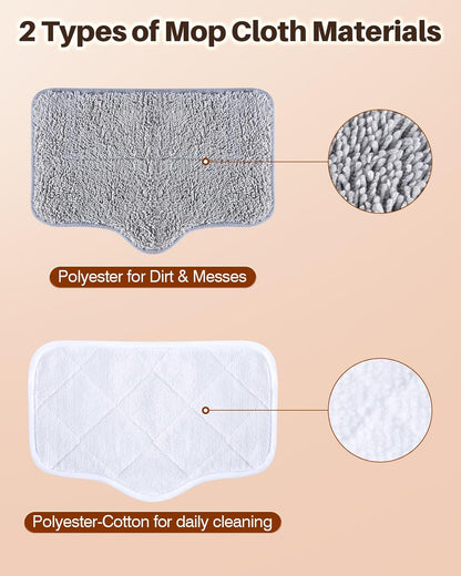 ScrubWiz Steam Mop Pads with Washable and Reusable, 6 Pack Replacement, 2 Material Types Accessories Compatible With Steamer Mop for Cleaning Floors and Carpets, White and Gray