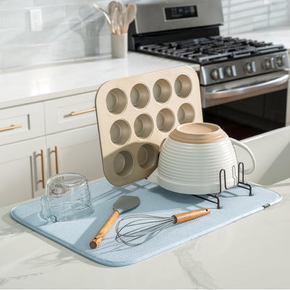 S&T INC. Dish Drying Mat XL, 18” x 24”, Absorbent Microfiber Kitchen Counter Mat, Dish Drying Pad for Dishes, Utensils, Pots and Pans, Extra Large, Sky Blue