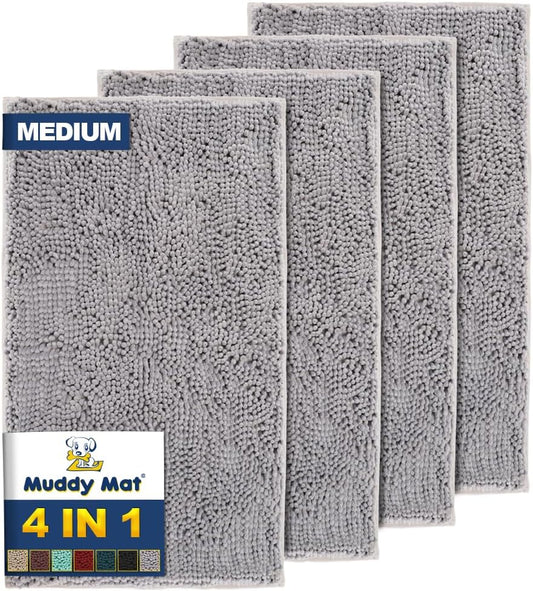 Muddy Mat® 4-Piece Grey Medium 30"X19" AS-SEEN-ON-TV Highly Absorbent Microfiber Door Mat, Bath Mat and Pet Rug, Non Slip Thick Washable, Soft Chenille for Kitchen Bathroom Bedroom Indoor and Outdoor