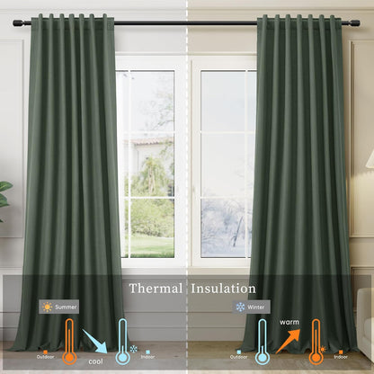 BOODII Room Darkening Curtains 120 Inch Thermal Insulated Black Out Linen Drapes Extra Long Blackout Curtains for Patio Door Large Window Ceiling to Floor Light Blocking Loden Olive Green 52x120