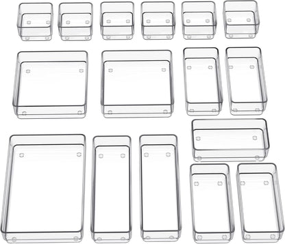 SMARTAKE 16-Piece Drawer Organizer with Non-Slip Silicone Pads, 5-Size Desk Storage Tray for Makeup, Jewelries, Utensils in Bedroom Dresser, Office and Kitchen, Clear