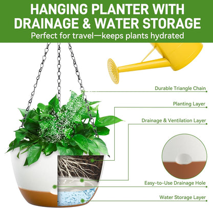 10 Inch Hanging Planters for Indoor & Outdoor Plants (2 Pack) - Self-Watering & Drainage Flower Pots with 2 Kinds of Plant Hangers for Home Decor & Garden (White, 10 in)