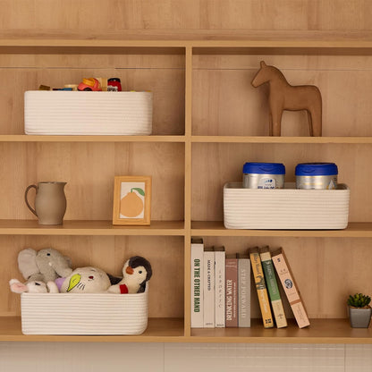 Large Shallow Organizing Baskets 15x11x5.1 Inches - Rope Woven Storage Bins for Bathroom, Shelves, Cube Closet, Off White 2 Packs