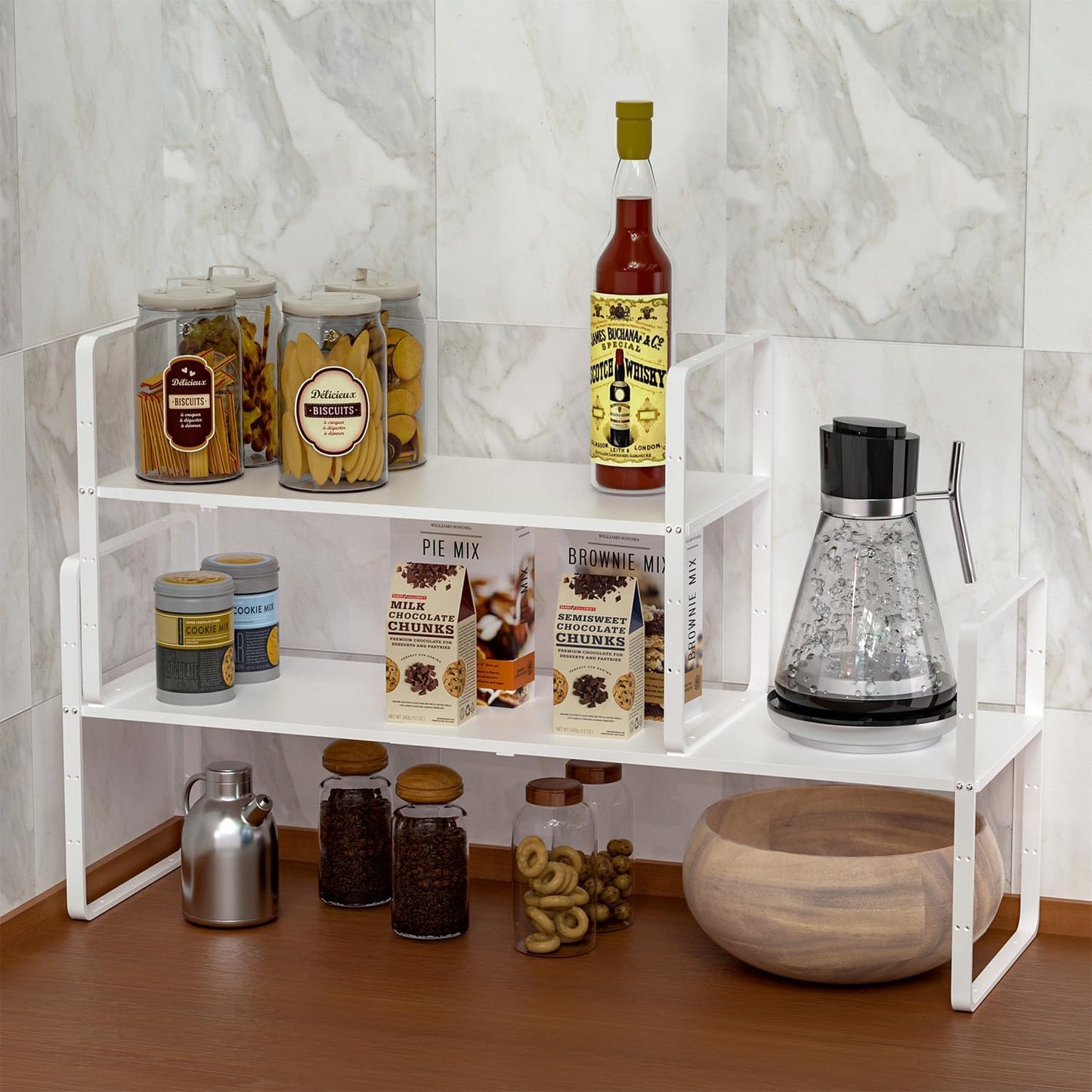 iPEGTOP Expandable Cabinet Storage Shelf Organizer Rack, Heavy Duty Cupboard Stand Spice Rack Adjustable Height Garage Pantry Shelf Space Riser for Counter Kitchen Organization, White, 3 Pack